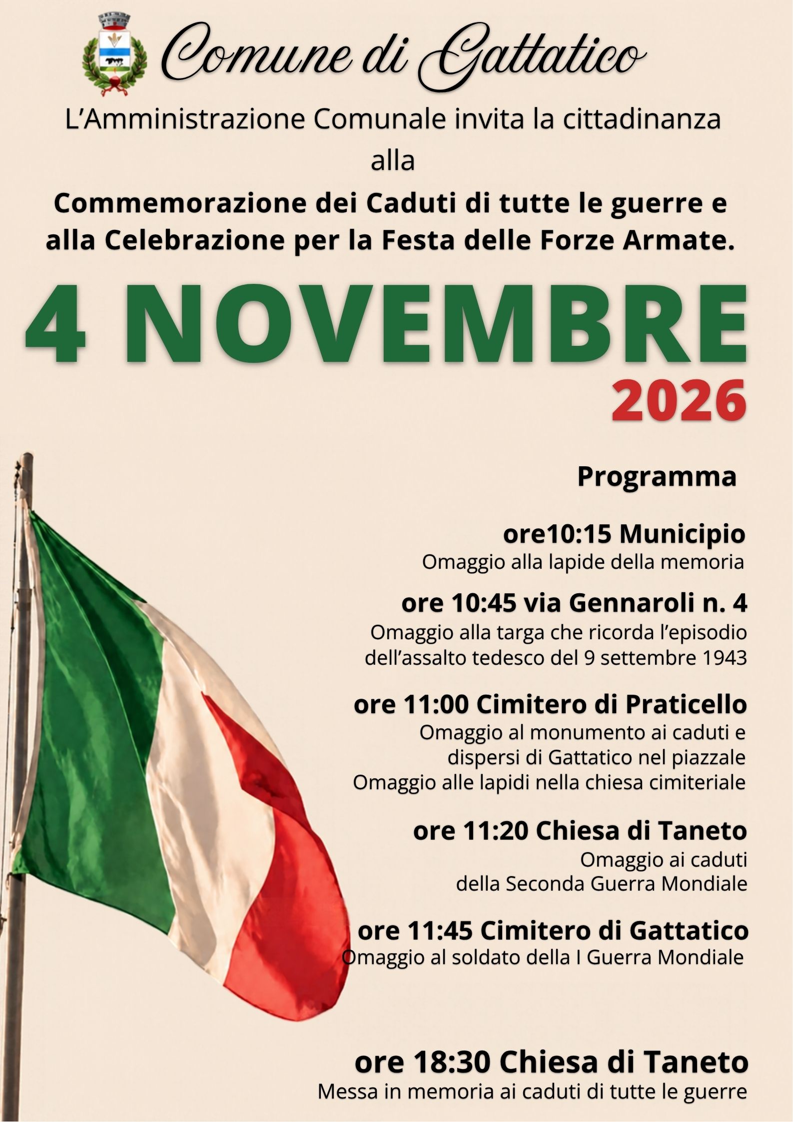 Tricolore italiano e annuncio delle celebrazioni del 4 novembre 2026 del Comune di Gattatico.