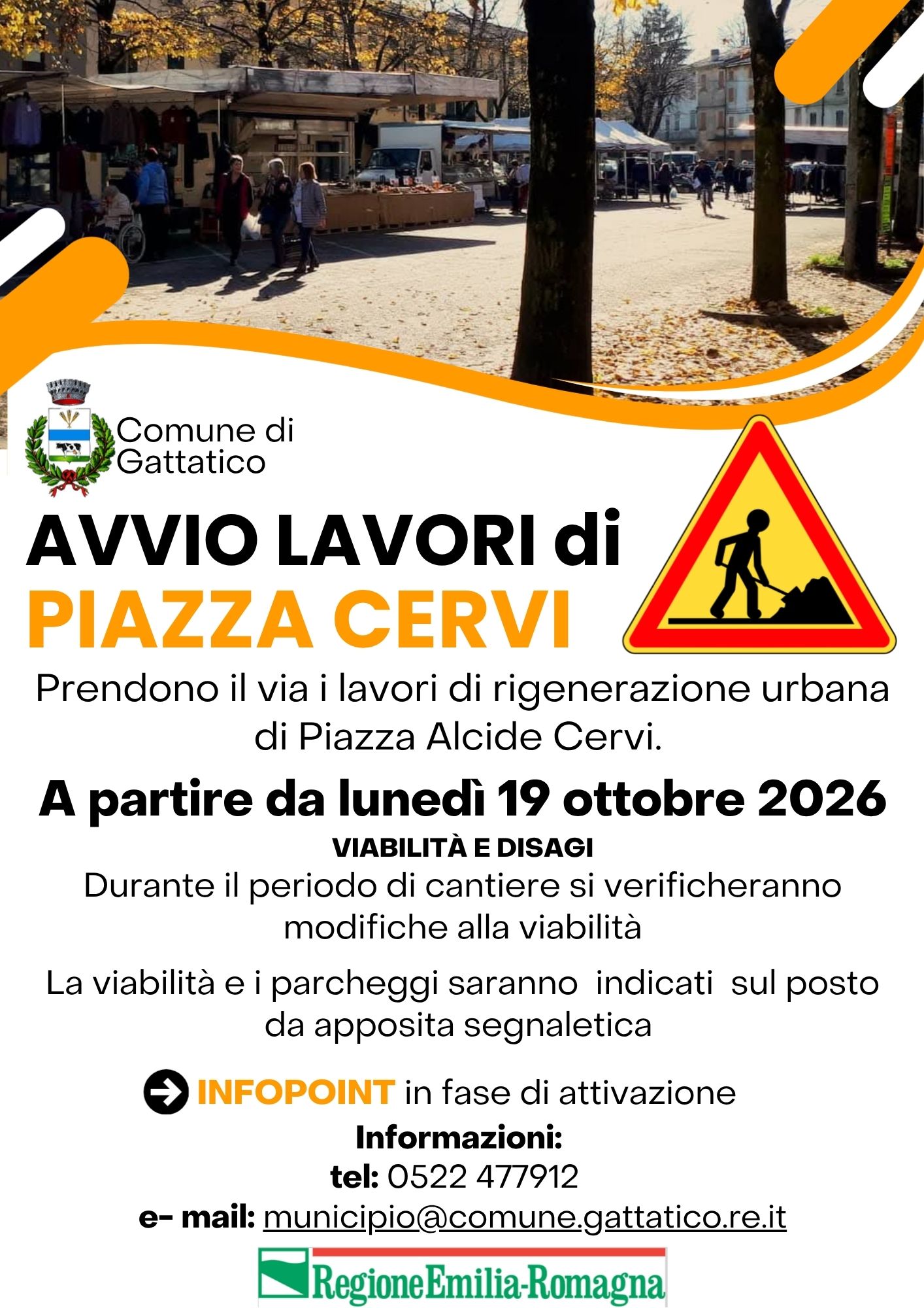Piazza Alcide Cervi a Gattatico: avvio dei lavori da lunedì 19 ottobre 2026