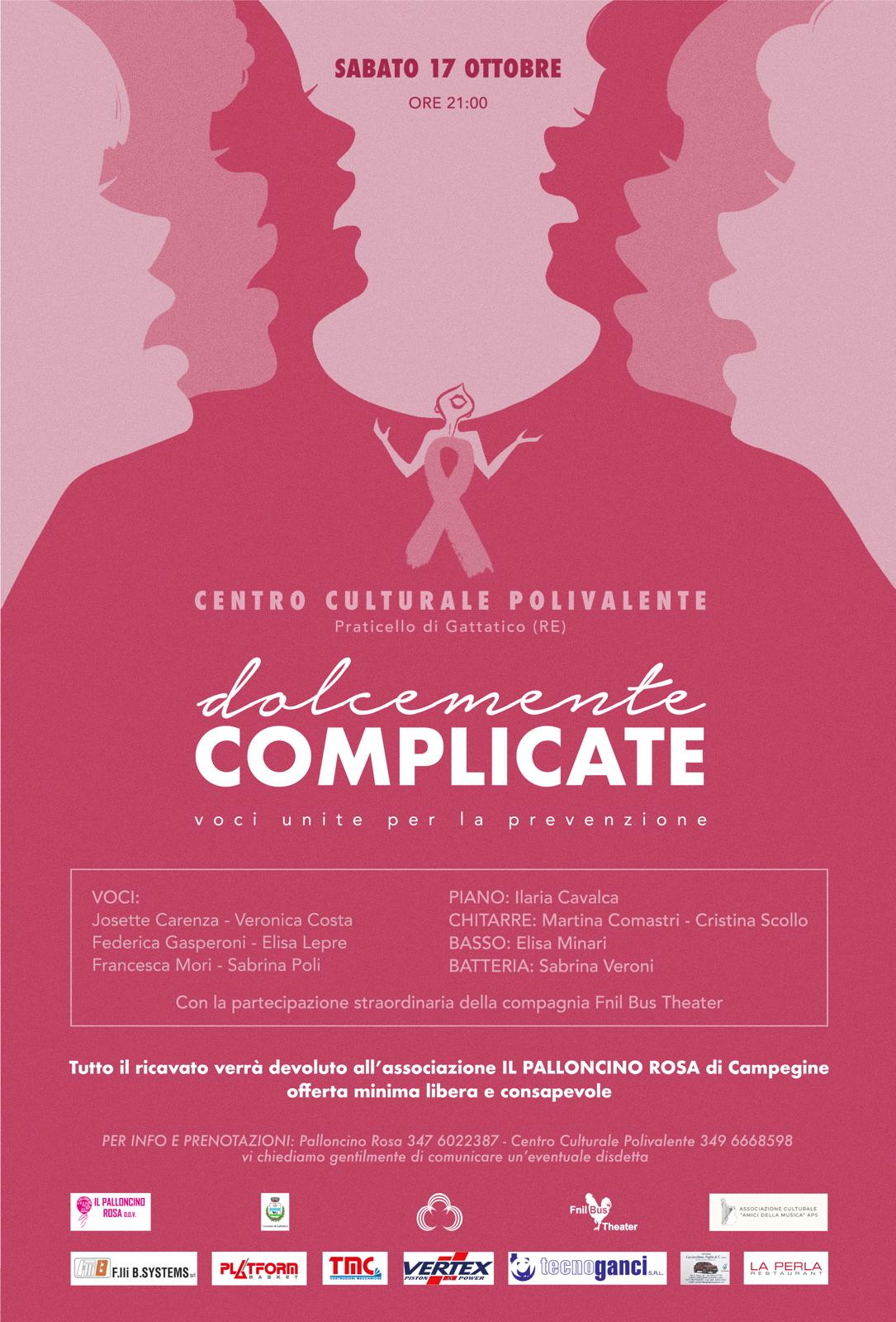 Dolcemente Complicate: voci unite per la prevenzione. Profili femminili e un nastro rosa su sfondo rosa.