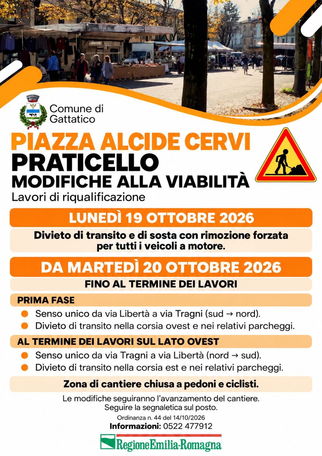 Locandina del Comune di Gattatico: modifiche alla viabilità in piazza Alcide Cervi a Praticello dal 19 ottobre 2026. Dettagli nel testo della notizia.