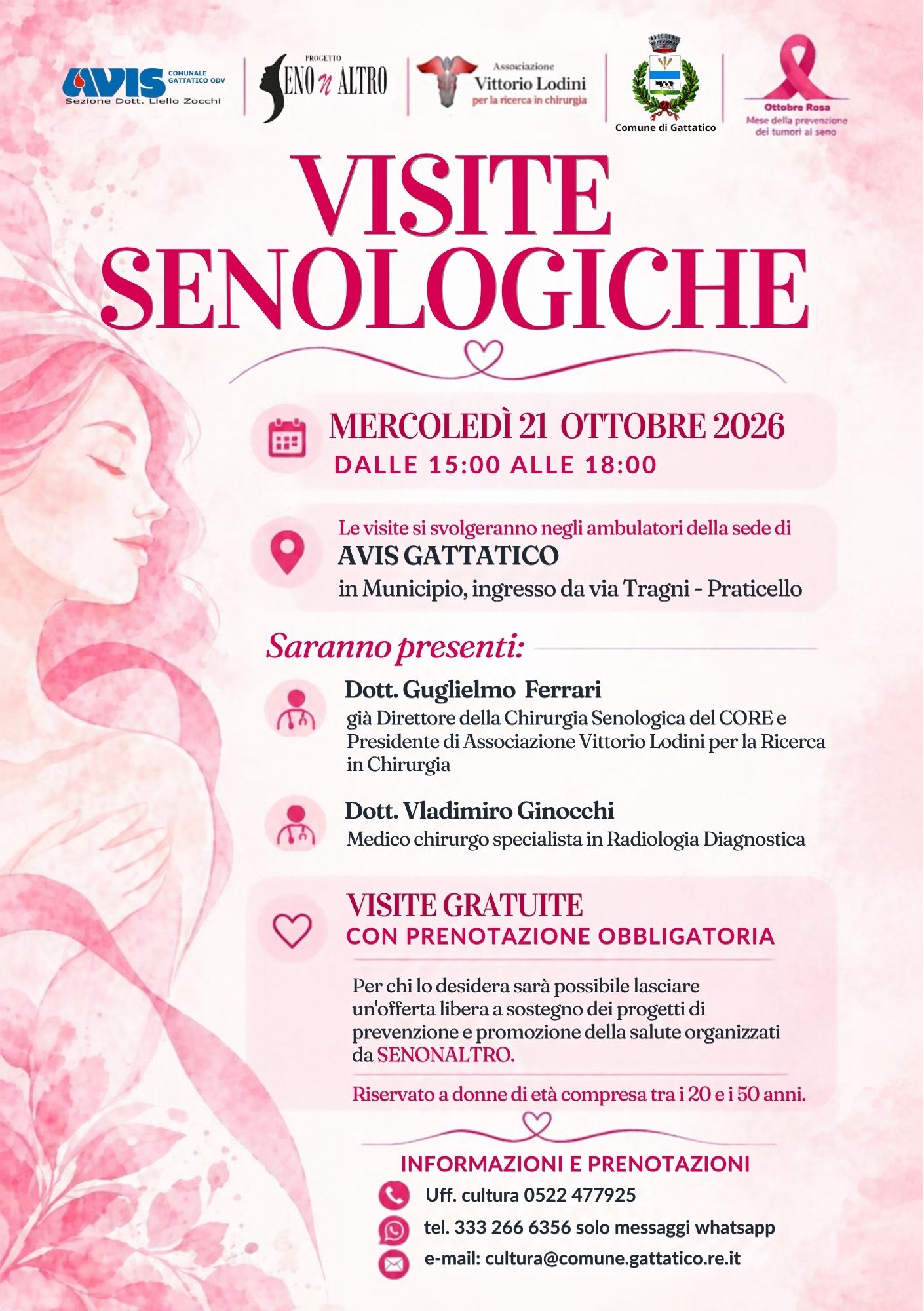 Ottobre Rosa: visite senologiche gratuite a Gattatico il 21 ottobre 2026, dalle 15:00 alle 18:00. Prenotazione obbligatoria